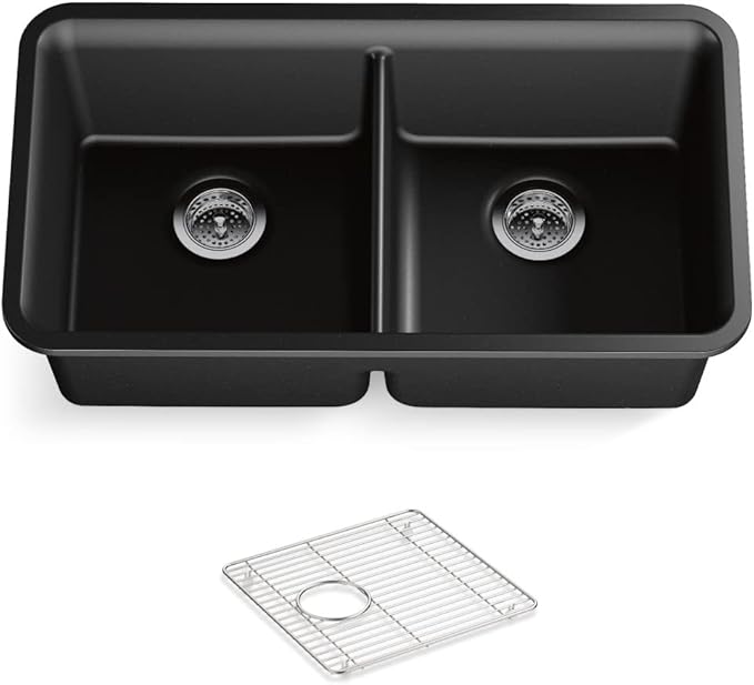 KOHLER K-8199-CM1 Cairn Sink, 33" Neoroc Composite Undermount Double-Bowl Kitchen Sink, Composite Kitchen Sink with Sink Rack, Matte Black