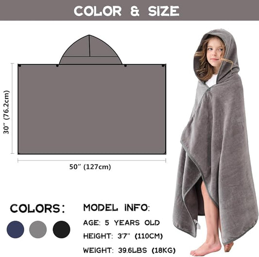 Hiturbo Kids Hooded Bath Towel: 100% Cotton Soft Thick Absorbent Towels Wrap - 50"x30" Shower Beach Pool Wearable Blanket for 3-12 Yrs Boys Girls - Gray