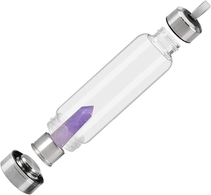Natural Amethyst Glass Water Bottle Vitality Crystal Energy Stick Water Cup Sports Portable Drinking Water Bottle Gemstone Setting Balance Healing Women Men Gifts