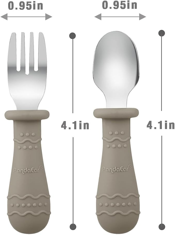 PandaEar Toddler Utensils, 6 Pack Kids Spoons and Forks, 18/8 Stainless Steel & Food Grade Silicone Children Silverware Set, Dishwasher Safe (Blue/Brown/Red)