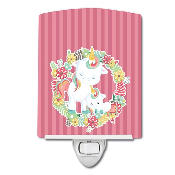 Caroline's Treasures BB8772CNL Unicorn and Flowers Ceramic Night Light Compact, UL-Certified, Ideal for Bedroom, Bathroom, Nursery, Hallway, Kitchen, 6x4x3, Multicolor
