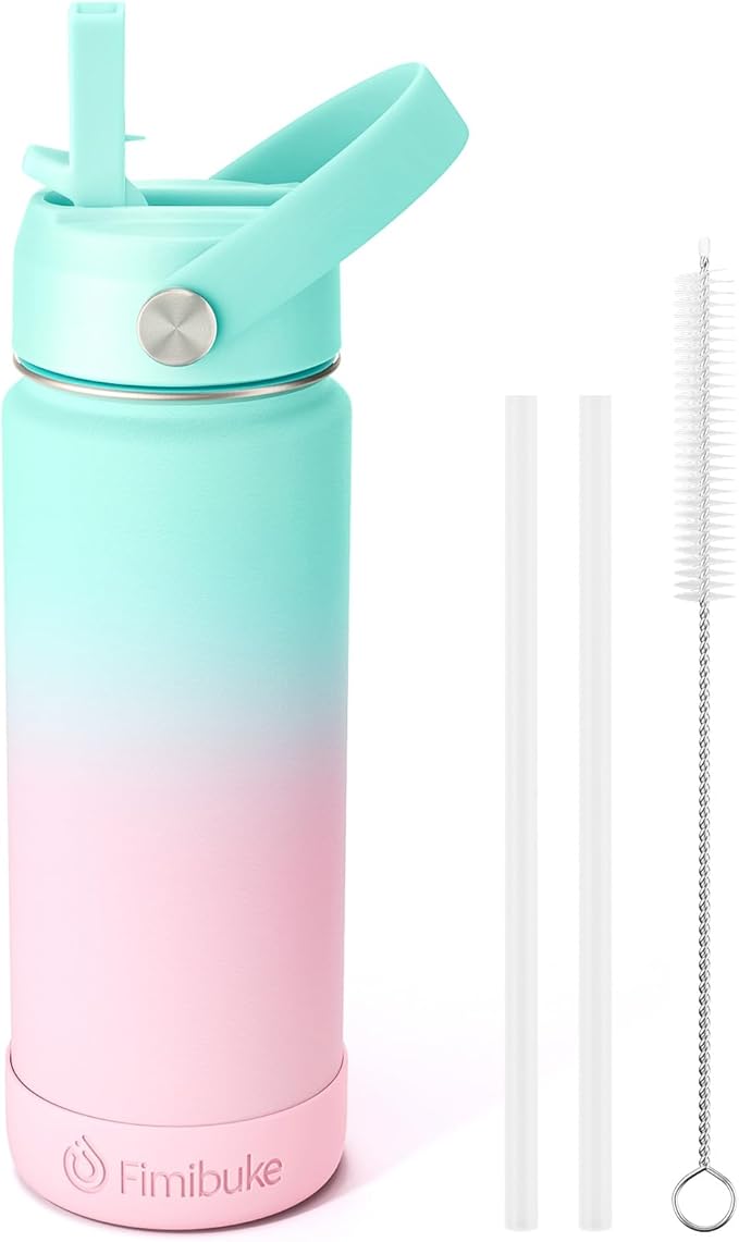 Fimibuke Kids Insulated Water Bottle - 18oz BPA-FREE 18/8 Stainless Steel Kid Cup with Straw Travel Tumbler Leak Proof Double Wall Vacuum Toddler Water Bottle for School Boys Girls (1 Pack,Bubble Gum)
