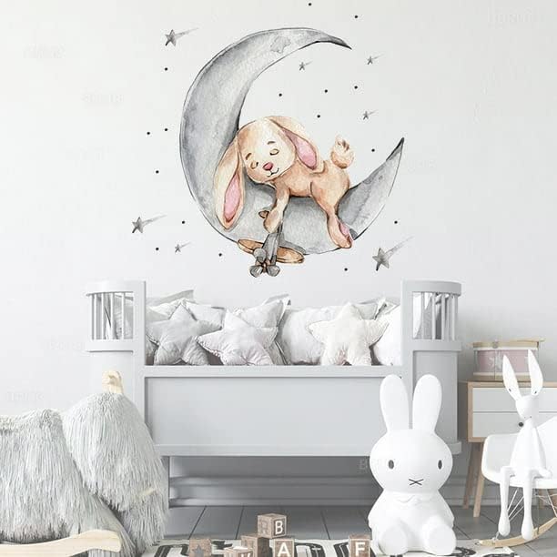 Teddy Bear Sleeping on The Moon and Star Wall Sticker for Kids Room Baby Room Nursery Interior Wall Decorative Kids Wall Sticker