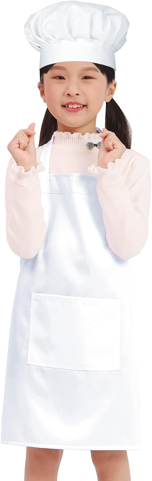 Kids Apron Chef Hat Set for Boys and Girls Adjustable Neck Strap Hook and Loop Fastener Design Waistband for Baking