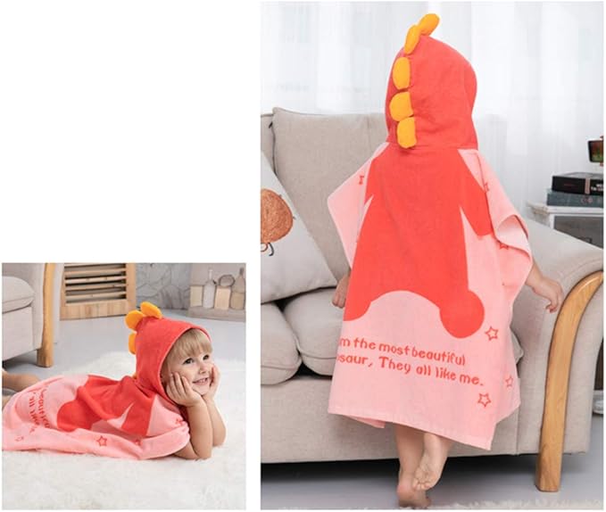 TONWHAR Kids Bath/Pool/Beach Hooded Poncho Towel-Cartoon Animal Pattern Cotton Beach Towel for Baby and Kids (Pink Dinosaur, 1-4 Years/Height:33.4"-43.3")