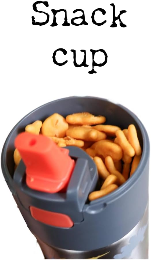 Kids insulated water bottle with straw and snack cup. Double wall stainless steel 14oz (black and green space)