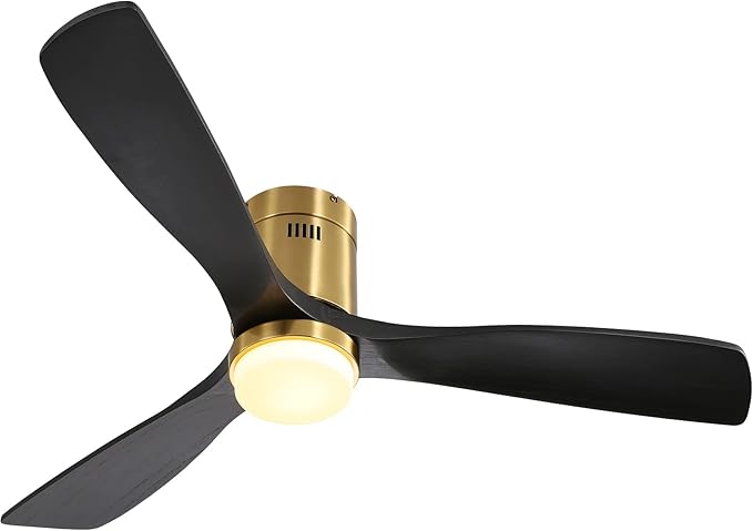 Sofucor Low Profile Ceiling Fan, Flush Mount Ceiling Fan with Lights and Remote Control, 52'' Wood Ceiling Fan with 3 Color Temperature & Adjustable Brightness, Black Wood