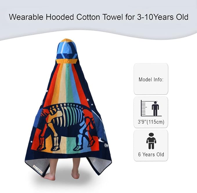 VOOVA & MOVAS Toddler Bath Towel with Hood for Kids Age 3-10, Soft | Thick | Absorbent Cotton Wrap Blanket, Beach, Pool, Swim | Bath Use, Dinosaur Under The UFO