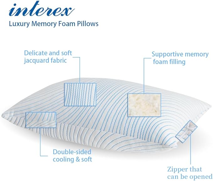 Shredded Memory Foam Pillows King Size Set of 2, Cooling Pillows for Sleeping That Stay Cold, Adjustable Firm Pillow for Side Back Stomach Sleepers with Washable Removable Cover