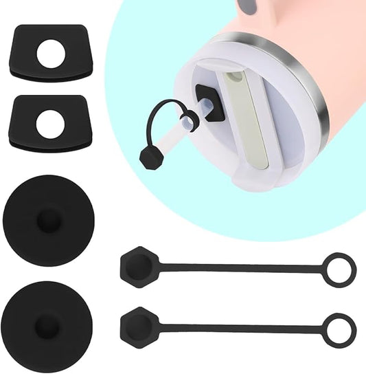 Silicone Spill Proof Stopper Set Compatible with Stanley Quencher H2.0 FlowState Tumbler 40oz/ 30oz, Kits Include 2 Straw Cover Cap, 2 Square Spill Stopper, 2 Round Leak Stopper (Black, H2.0)