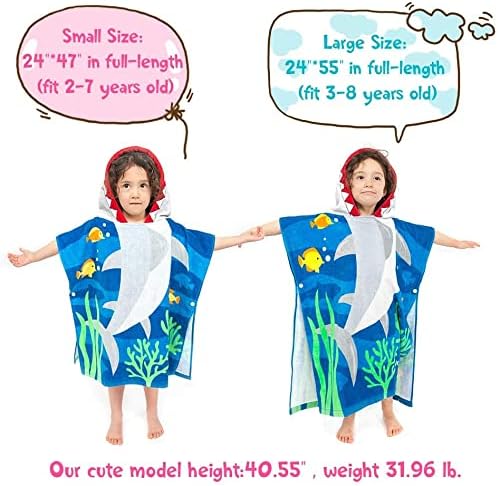 Toddler Hooded Beach Towel Coverup Cape Kids 100% Cotton Soft Quick Dry Absorbent Use for Swim Pool Bath Poncho Towels for 3 to 8 Years Old Children Size 24"x 55" in Full-Length (Brave Shark)