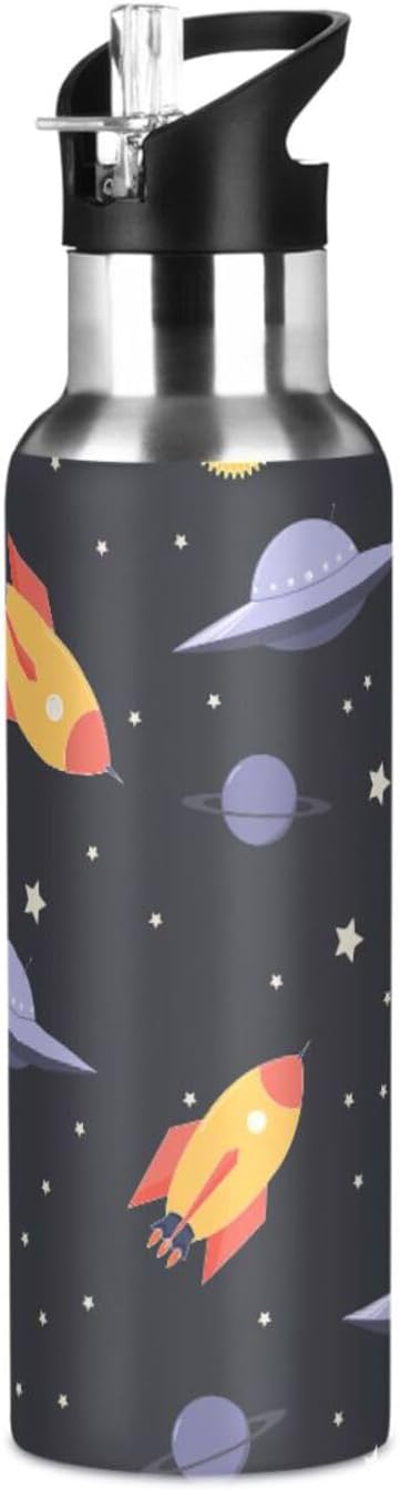 Space & Rocket Sports Water Bottle, Double Wall Vacuum Insulated Stainless Steel Water Bottle with Straw Keeps Hot and Cold, Bike Running Sports Travel Gym 20oz