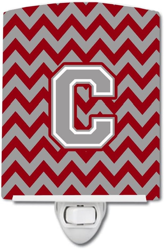 Caroline's Treasures CJ1043-CCNL Letter C Chevron Crimson and Grey Ceramic Night Light Compact, UL-Certified, Ideal for Bedroom, Bathroom, Nursery, Hallway, Kitchen, 6x4x3, Multicolor