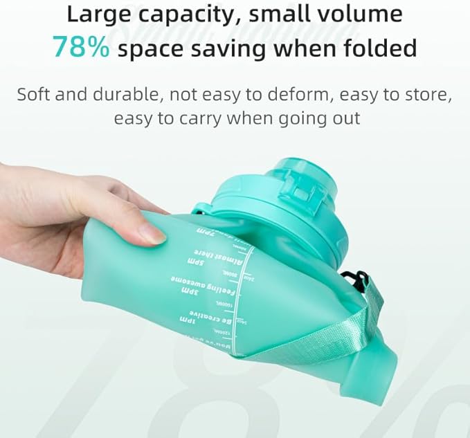 Collapsible Water Bottles 64oz with Removable Straw, Odorless BPA-Free Silicone, Leak-Proof Foldable Reusable Bottle - Perfect for Cruise Travel Sports Gym Hiking Camping Cycling - Blue