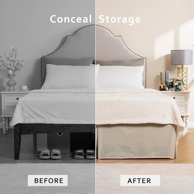 MIYE Pleated Waffle Weave Bed Skirt, Tailored Dust Ruffle 18 Inch Drop Easy Fit, Machine Washable (Cream, TwinXL - 18" Drop)