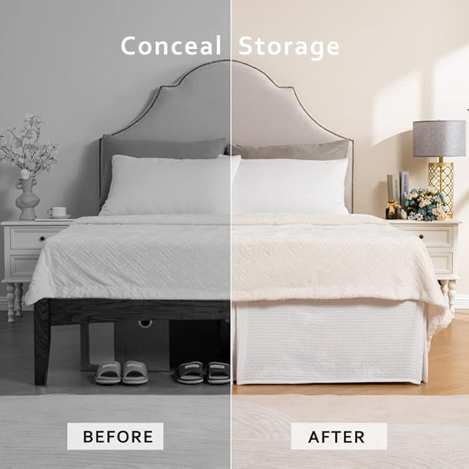 MIYE Pleated Waffle Weave Bed Skirt, Tailored Dust Ruffle 16 Inch Drop Easy Fit, Machine Washable (White, Queen - 16" Drop)