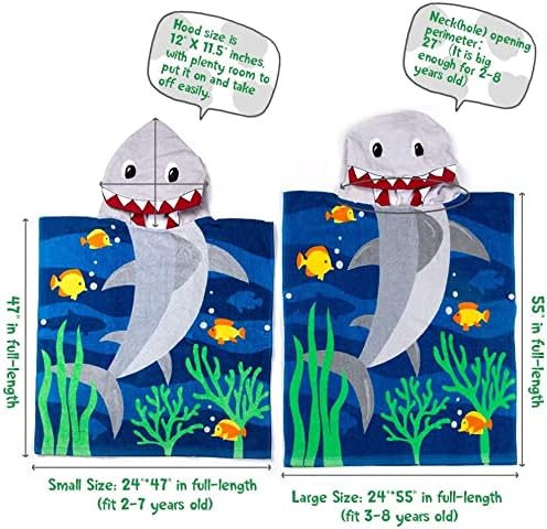 Toddler Hooded Beach Towel Coverup Cape Kids 100% Cotton Soft Quick Dry Absorbent Use for Swim Pool Bath Poncho Towels for 3 to 8 Years Old Children Size 24"x 55" in Full-Length (Brave Shark)