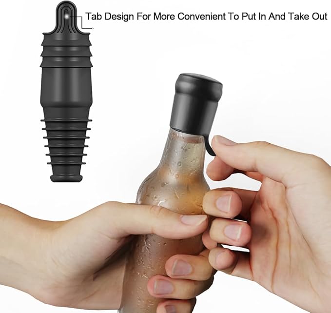 Silicone Wine Stopper Reusable Wine Bottle Stopper, 8Pcs Champagne Stoppers for Bottles, Food Grade Rubber Wine Stoppers for Wine Bottles (Black)