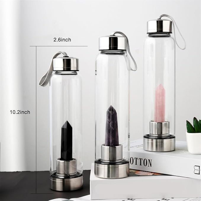 Crystal Glass Water Bottle,Water Bottle With Gemstone Center Crystal Elixir Bottle,Removable Gemstones Water Cup Crystal Column Magic Wand Energy Cup for Gifts (F-Elongated Stone)