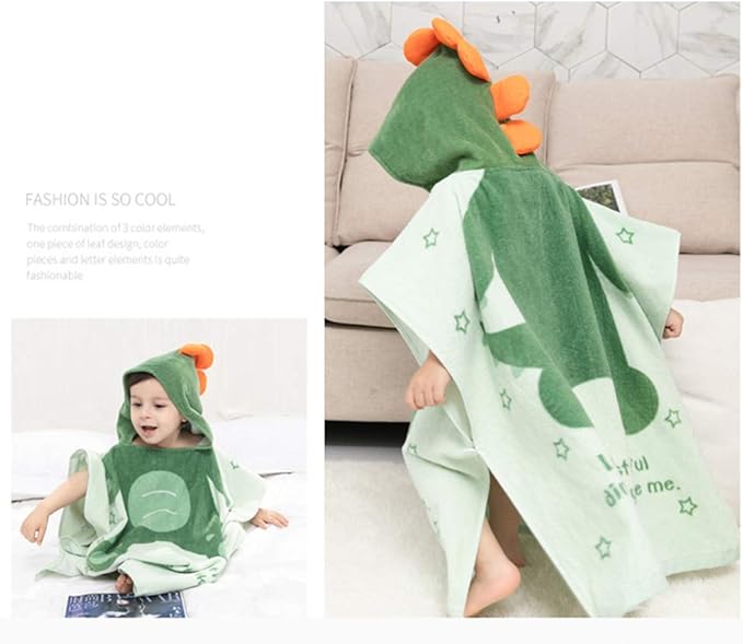 TONWHAR Kids Bath/Pool/Beach Hooded Poncho Towel-Cartoon Animal Pattern Cotton Beach Towel for Baby and Kids (Army Green Dinosaur, 1-4 Years/Height:33.4"-43.3")