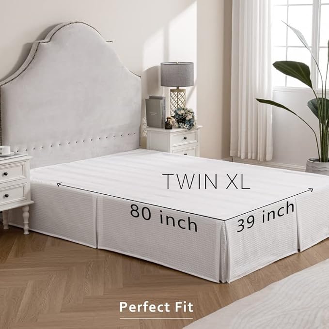 MIYE Pleated Waffle Weave Bed Skirt, Tailored Dust Ruffle 22 Inch Drop Easy Fit, Machine Washable (White, TwinXL - 22" Drop)