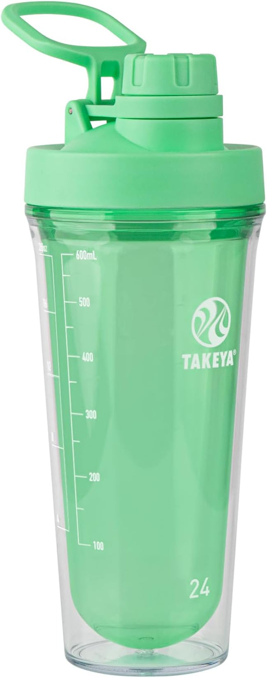 Takeya 24 oz Tritan Plastic Shaker Bottle - Premium BPA Free Protein Shakes Mixer, Leakproof Spout Lid, Shatterproof, Pistachio Green