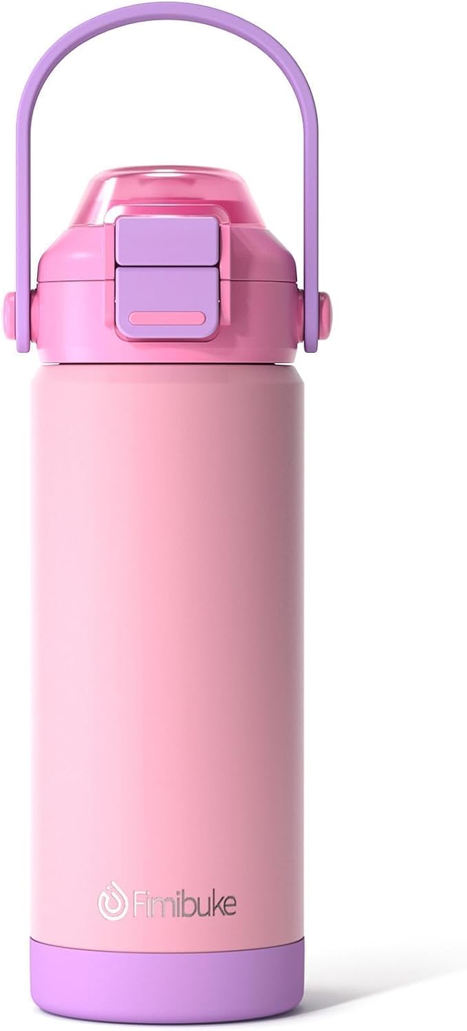 Fimibuke Kids Insulated Water Bottle with Pop-Open Straw & Spout 2-in-1 Lid, 18oz Leak Proof 18/8 Stainless Steel Vacuum Tumbler, BPA-Free Kids Cup For Travel School Boys Girls Toddler 1Pack,Pink