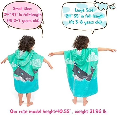 Toddler Hooded Beach Towel Coverup Cape Kids 100% Cotton Soft Quick Dry Absorbent Use for Swim Pool Bath Poncho Towels for 3 to 8 Years Old Children Size 24"x 55" in Full-Length (Whale Pattern)