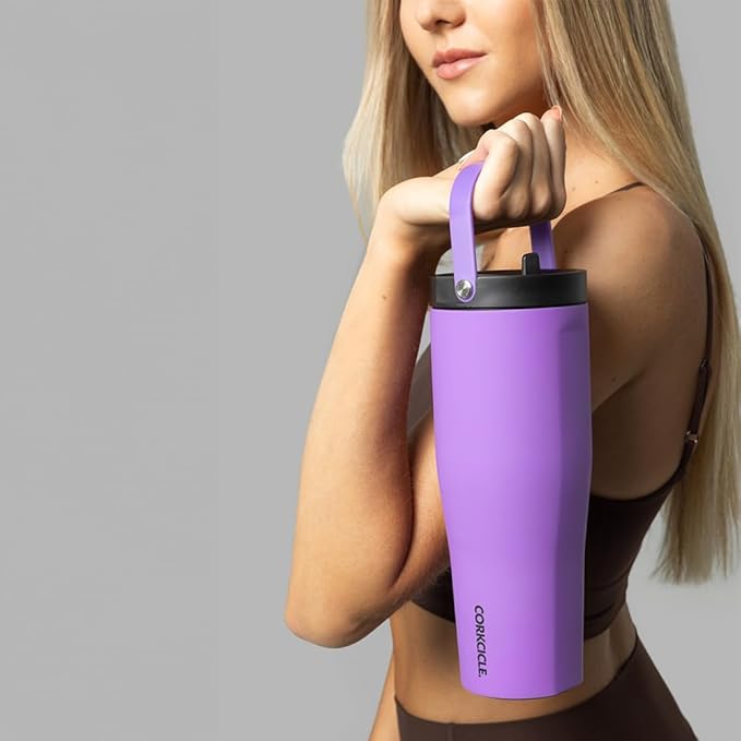 Corkcicle Go Cup XL Insulated Tumbler with Lid and Straw, Varsity Purple, 30 oz – Reusable Water Bottle Keeps Beverages Cold for 12hrs – Cupholder Friendly Tumbler, Leak-Proof Design