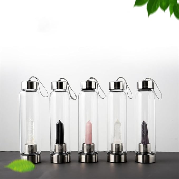 Crystal Glass Water Bottle,Water Bottle With Gemstone Center Crystal Elixir Bottle,Removable Gemstones Water Cup Crystal Column Magic Wand Energy Cup for Gifts (F-Elongated Stone)