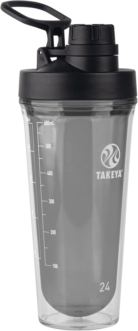 Takeya 24 oz Tritan Plastic Shaker Bottle - Premium BPA Free Protein Shakes Mixer, Leakproof Spout Lid, Shatterproof, Stormy Black