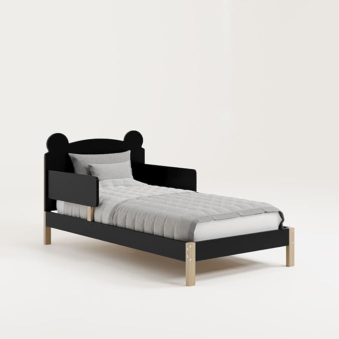 Storkcraft Teddy Bear Toddler Bed (Black with Driftwood) - GREENGUARD Gold Certified, includes Toddler Safety Guardrails, Fits Standard Crib & Toddler Mattress, Stylish 2-Tone Design