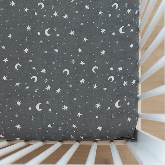 Night Sky Muslin Crib Sheet by Mebie Baby, Soft and Breathable Bed Sheets for Babies, Modern Neutral Bedding for Cribs, Standard Crib Mattress Fitted Sheet, Great for Boy or Girl Room or Nursery