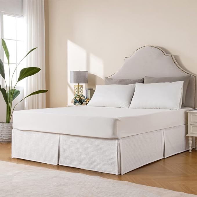 MIYE Pleated Waffle Weave Bed Skirt, Tailored Dust Ruffle 16 Inch Drop Easy Fit, Machine Washable (White, Queen - 16" Drop)