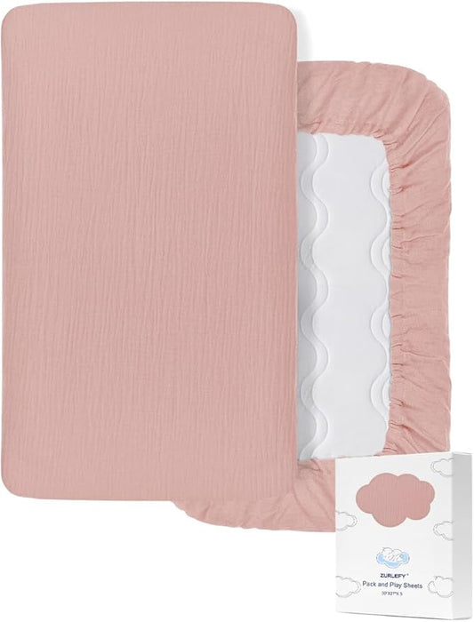 Pink Muslin Pack and Play Sheets Fitted Girl, 39"x27" Neutral Portable Mini Crib Sheets or Pack n Play Mattress Pad Cover for Baby Boys (46P-01)