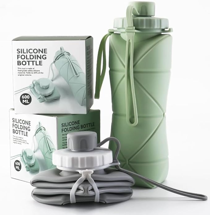 Silicone Foldable Water Bottles For Travel,Lightweight, Leakproof, and Reusable Perfect for Travel, Camping, Yoga, and Outdoor Sports,BPA Free, 20 oz (Green and grey)
