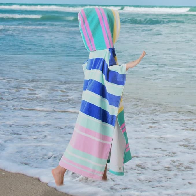 VOOVA & MOVAS Hooded Beach Towels for Kids, Oversized (6-12Years) Made from 100% Soft Cotton,Perfect for Swimming | Bathing | Beach | Birthday Gifts, Colorful Stripe