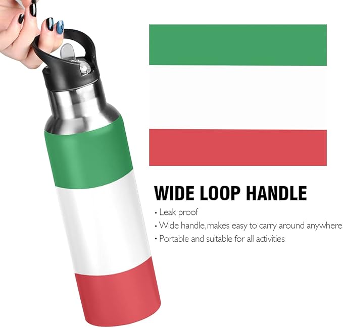 Italian Flag Sports Water Bottle, Double Wall Vacuum Insulated Stainless Steel Water Bottle with Straw Keeps Hot and Cold, Bike Running Sports Travel Gym 20oz