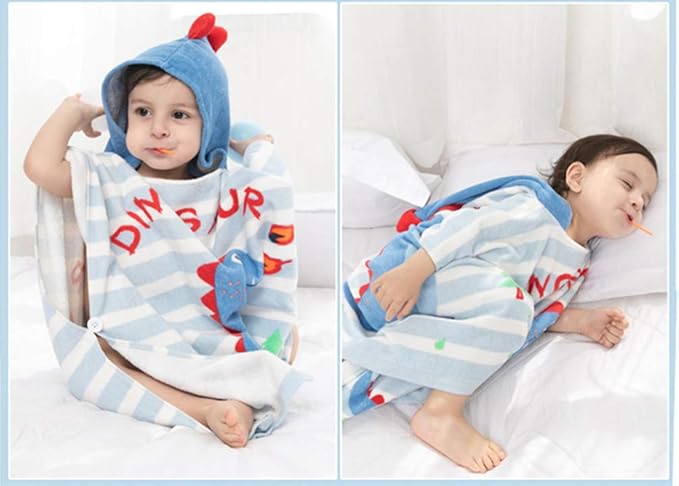 TONWHAR Kids Bath/Pool/Beach Hooded Poncho Towel-Cartoon Animal Pattern Cotton Beach Towel for Baby and Kids (Dinosaur, 1-4 Years/Height:33.4"-43.3")