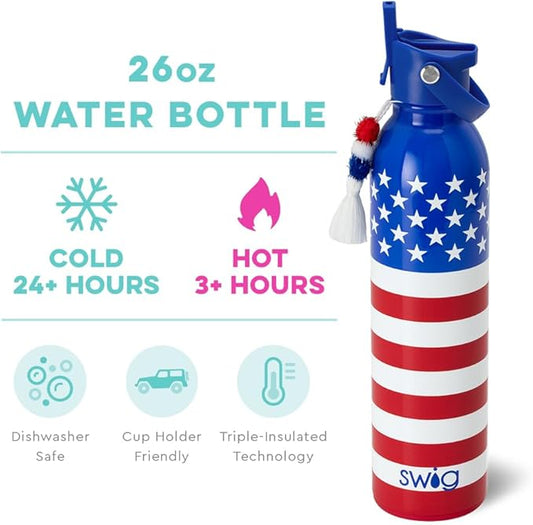 Swig Life 26oz Insulated Water Bottle, Travel Water Bottle with Straw and Lid, Cup Holder Friendly Water Bottles, Stainless Steel Water Bottle, 26 oz Tumbler, Reusable Water Bottle (All American)