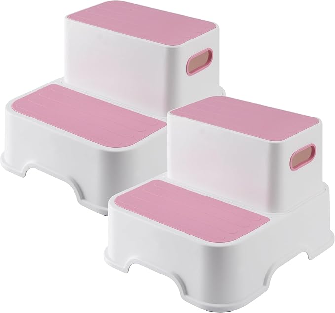 GAOMON Toddler Step Stool, 2 Step Stool for Kids, Toddler Step Stool for Bathroom Sink, Non-Slip Double up Kids Step Stool for Potty Training, Kitchen, Bedroom, Toilet (2 Pack, Pink)