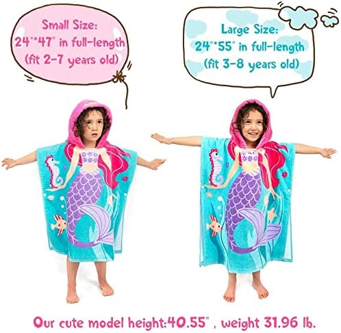 Toddler Hooded Beach Towel Coverup Cape Kids 100% Cotton Soft Quick Dry Absorbent Use for Swim Pool Bath Poncho Towels for 3 to 8 Years Old Children Size 24"x 55" in Full-Length (Mermai Pattern)