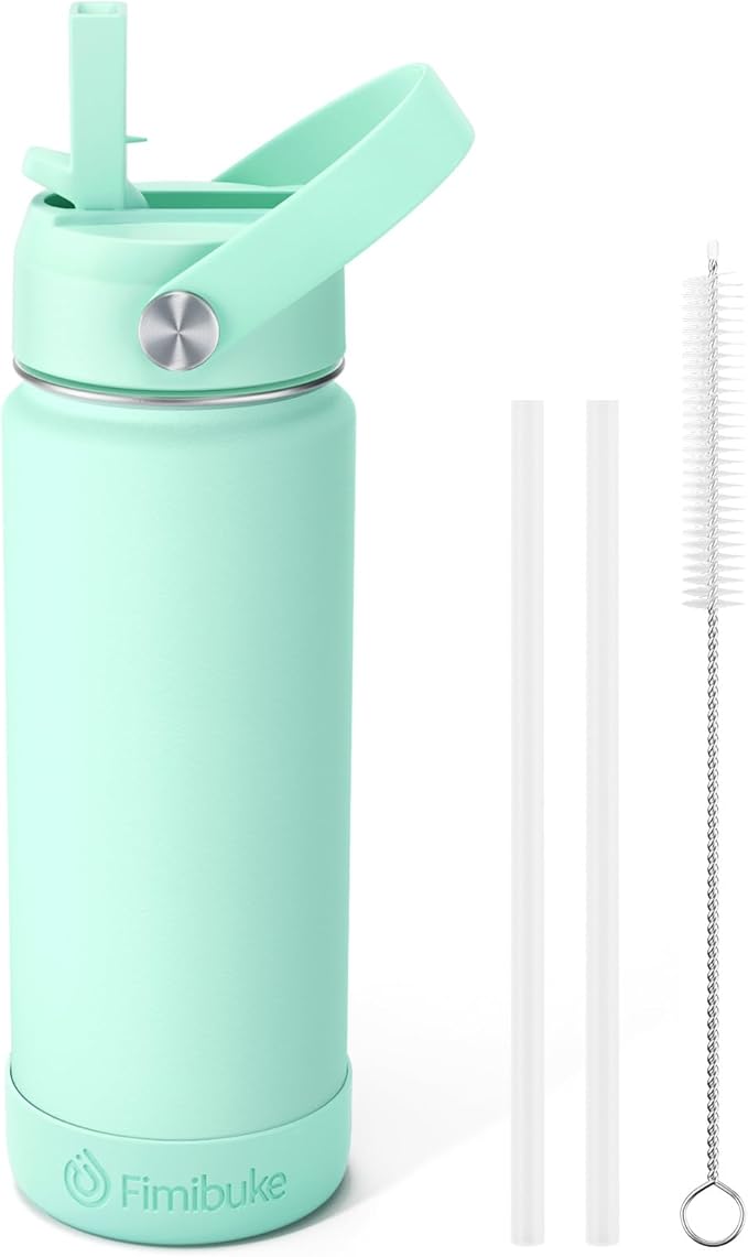 Fimibuke Kids Insulated Water Bottle - 18oz BPA-FREE 18/8 Stainless Steel Kids Cup with Straw Travel Tumbler Double Wall Vacuum Leak Proof Toddler Water Bottle for School Boys Girls(1 Pack, Mint)
