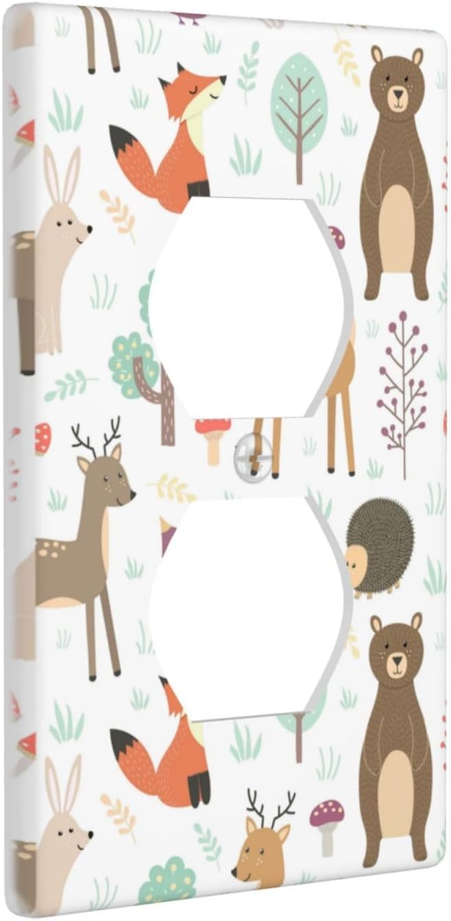 Cartoon Animal Deer Bear Fox Light Switch Cover Decorative Duplex Electrical Outlet Plastic Wall Plate Outlet Cover for Women Girls Bedroom Kitchen Living Room Decor 4.5 * 2.76