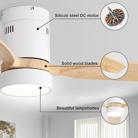 Sofucor 52 Inch Low Profile Ceiling Fan with Lights Remote Control Wood Blades Reversible DC Motor Modern Ceiling Fan for Kitchen, Bedroom, Basement, Dining, Living Room, Light Wood
