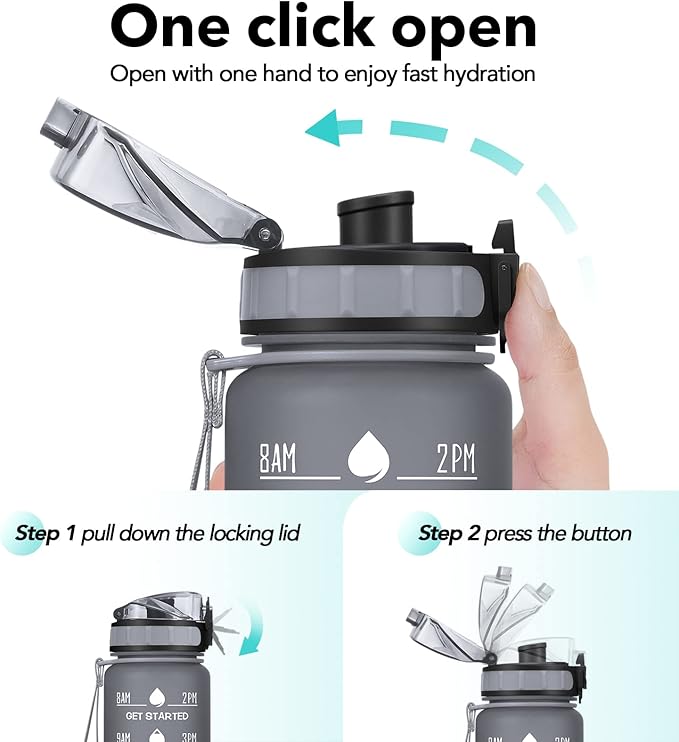 32oz Motivational Water Bottle with Time Marker & Fruit Strainer, Leak-proof BPA Free Non-Toxic 1l Bottle with Carrying Strap, Perfect for Fitness, Gym and Outdoor Sports (Graphite)