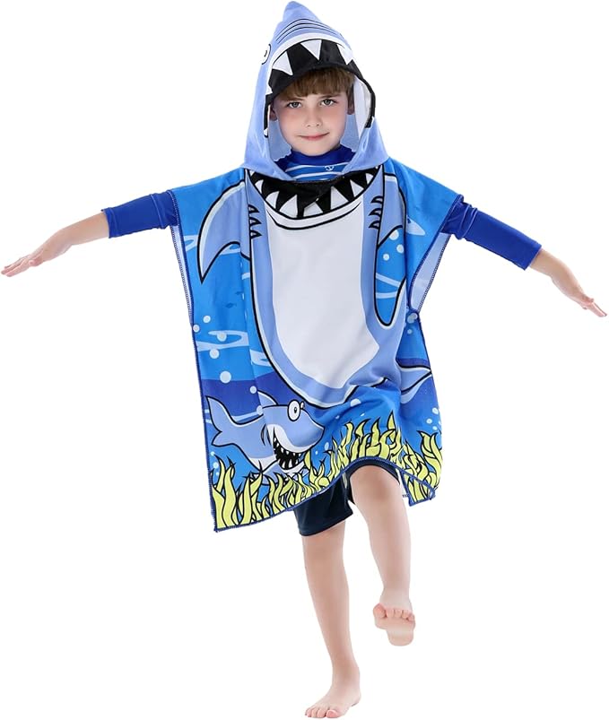 Soft Hooded Beach Towel for Kids, Toddlers Bath/Pool/Swim Poncho Cover-ups Swimwear (BLUE SHARK)