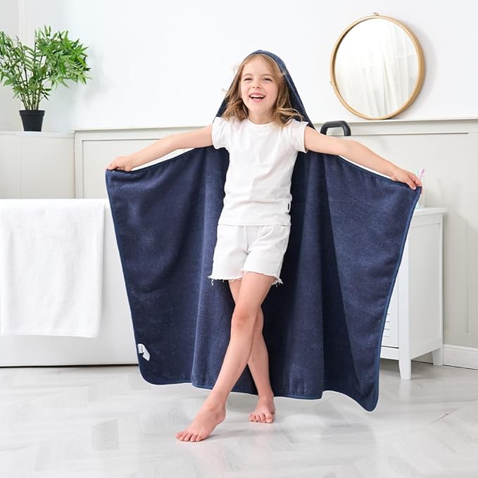 Hiturbo Kids Hooded Bath Towel: 100% Cotton Soft Thick Absorbent Towels Wrap - 50"x30" Shower Beach Pool Wearable Blanket for 3-12 Yrs Boys Girls - Navy Blue