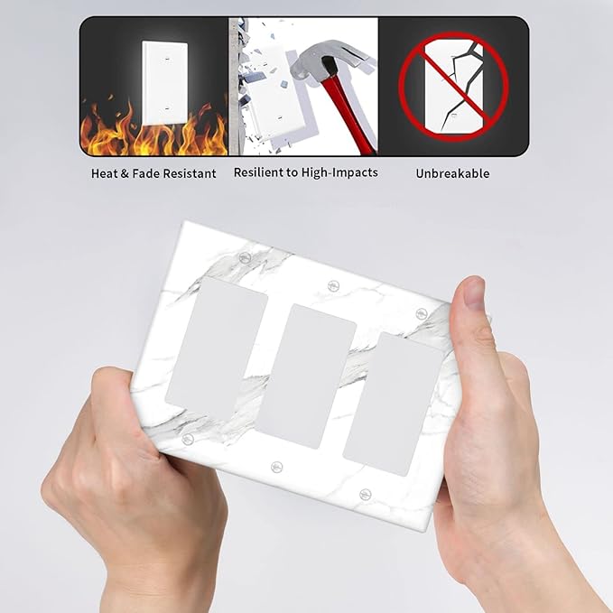 Marble Grey Wall Plate Decorative Light Switch Cover 3-Gang Triple Rocker Faceplate for Bathroom Farmhouse Bedroom Kitchen White