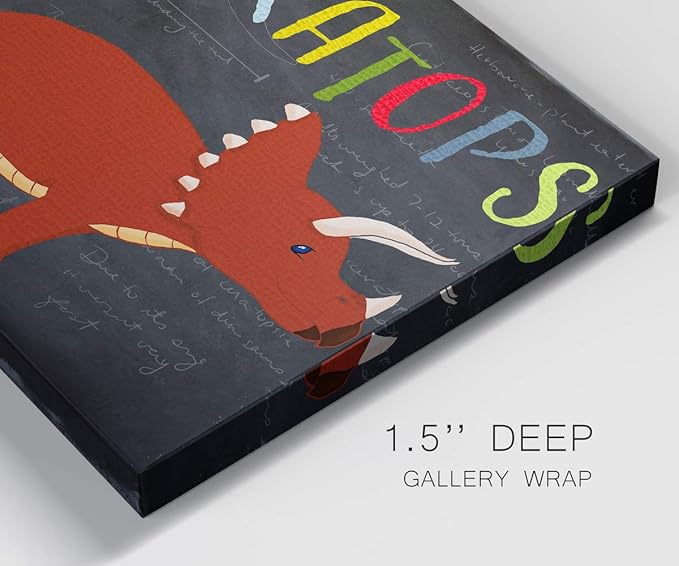 Renditions Gallery Canvas Animal Wall Art Modern Decorations Paintings Colorful Playful Triceratops Vibrant Dinosaur Canvas Wall Hanging Artwork for Kids Bedroom Nursery - 12"x18" LT33